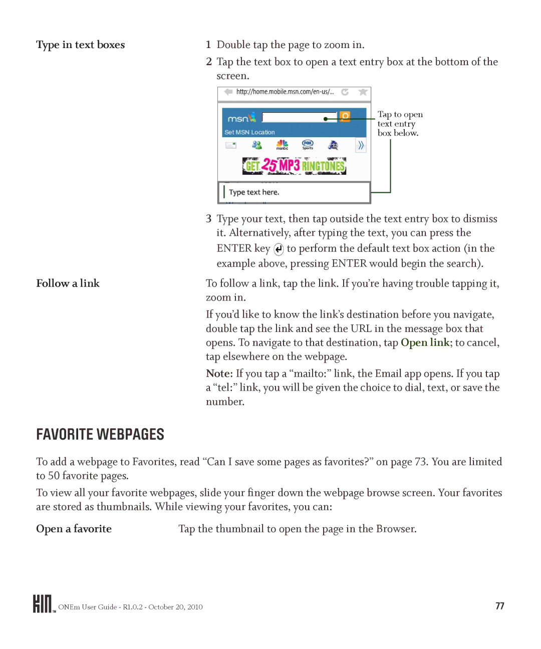 Microsoft OMPB10VWM, PB10ZUM manual Favorite Webpages, Type in text boxes, Follow a link, Zoom, Open a favorite 