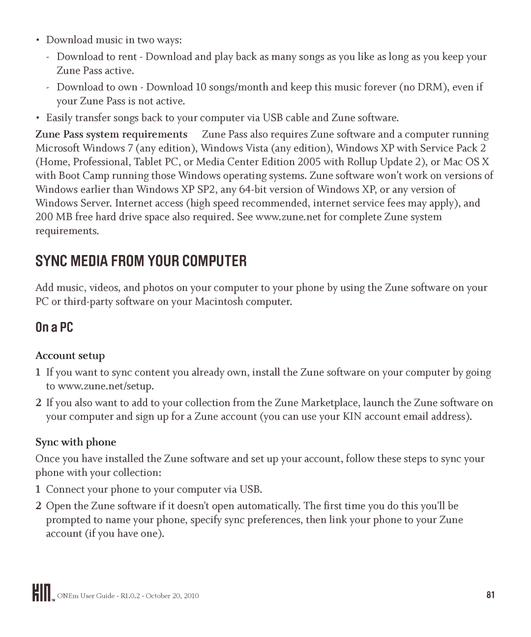 Microsoft OMPB10VWM, PB10ZUM manual Sync Media from Your Computer, On a PC, Account setup, Sync with phone 