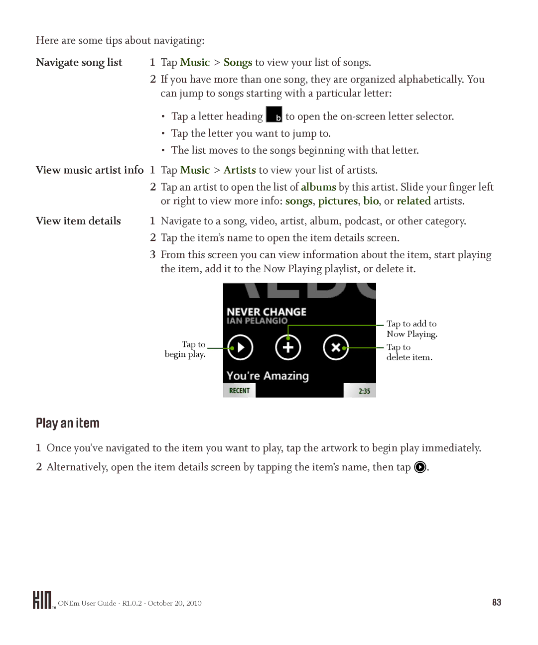 Microsoft OMPB10VWM, PB10ZUM manual Play an item, View item details, Tap the item’s name to open the item details screen 