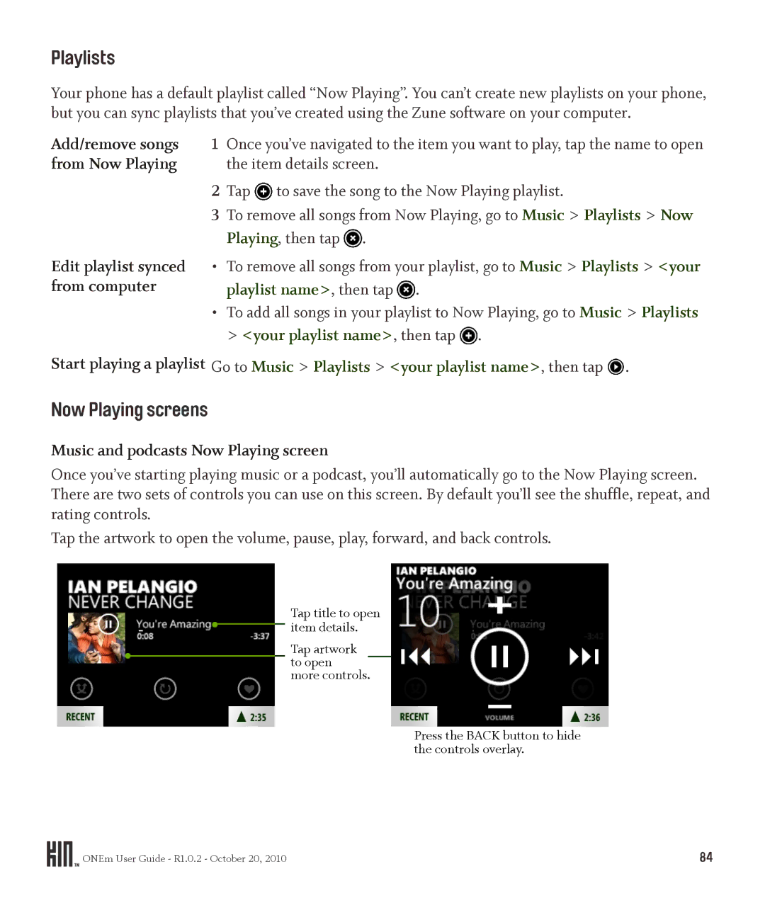 Microsoft PB10ZUM, OMPB10VWM manual Now Playing screens, Go to Music Playlists your playlist name, then tap 