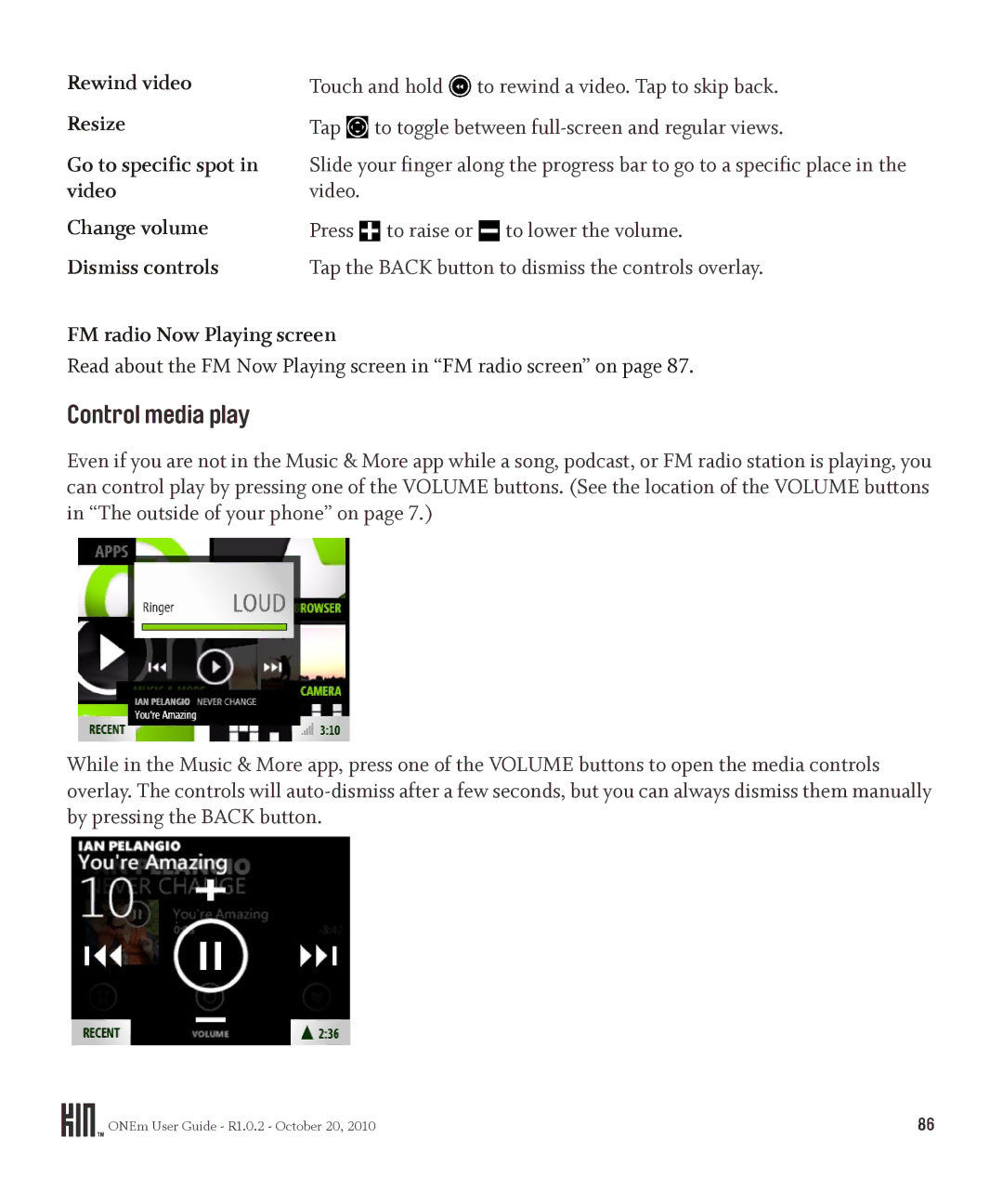 Microsoft PB10ZUM, OMPB10VWM manual Control media play, Go to specific spot in video, FM radio Now Playing screen 