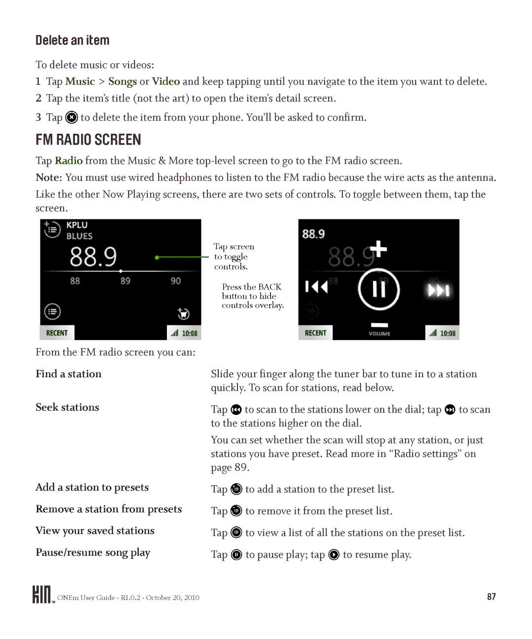 Microsoft OMPB10VWM, PB10ZUM manual FM Radio Screen, Delete an item, To delete music or videos, Find a station Seek stations 