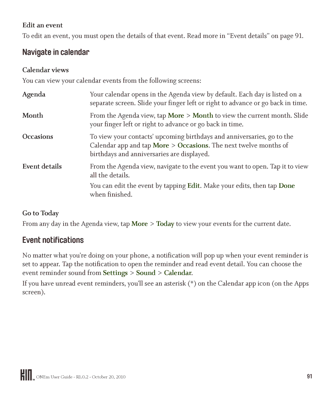 Microsoft OMPB10VWM, PB10ZUM manual Navigate in calendar, Event notifications 