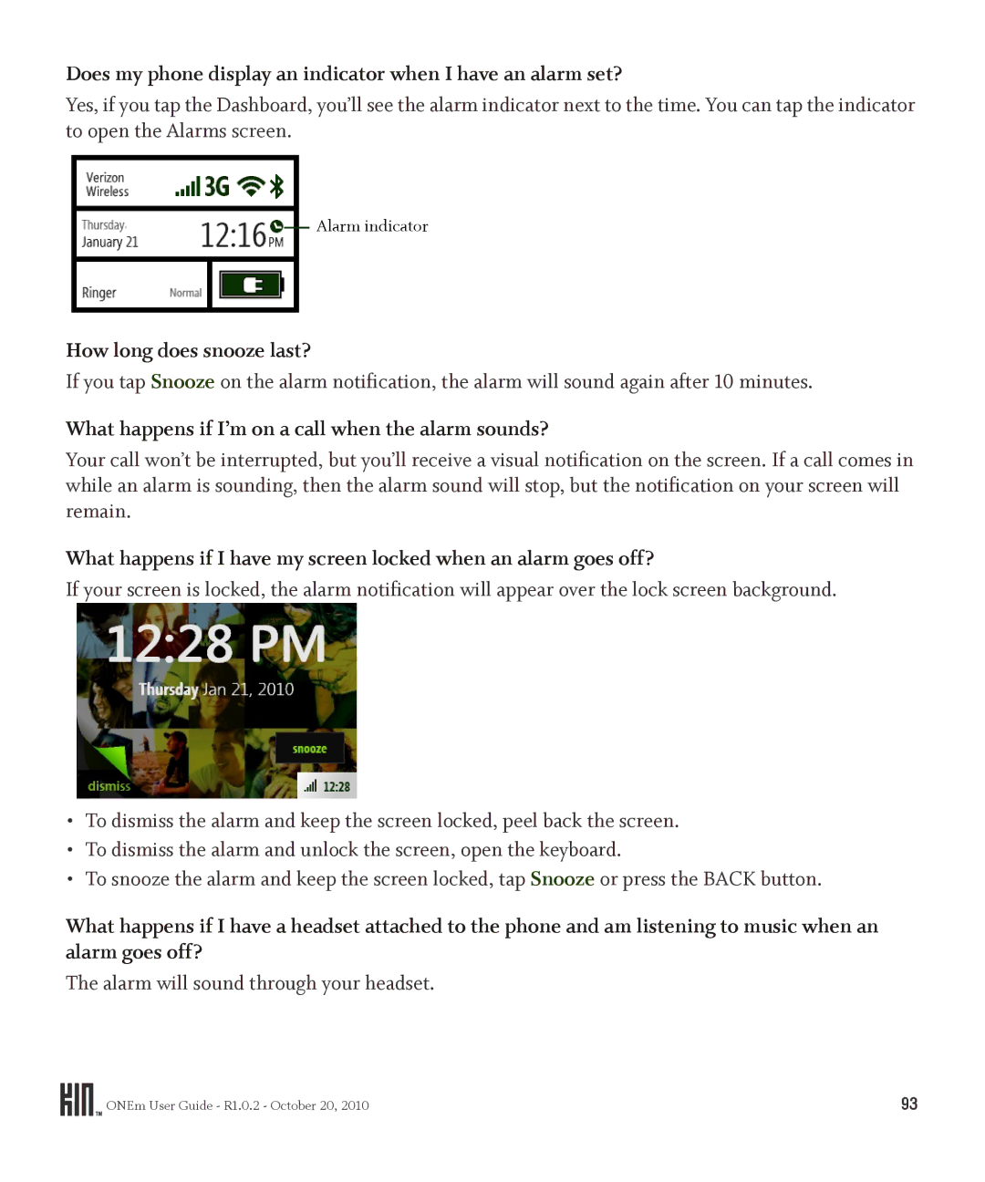 Microsoft OMPB10VWM, PB10ZUM manual How long does snooze last?, What happens if I’m on a call when the alarm sounds? 