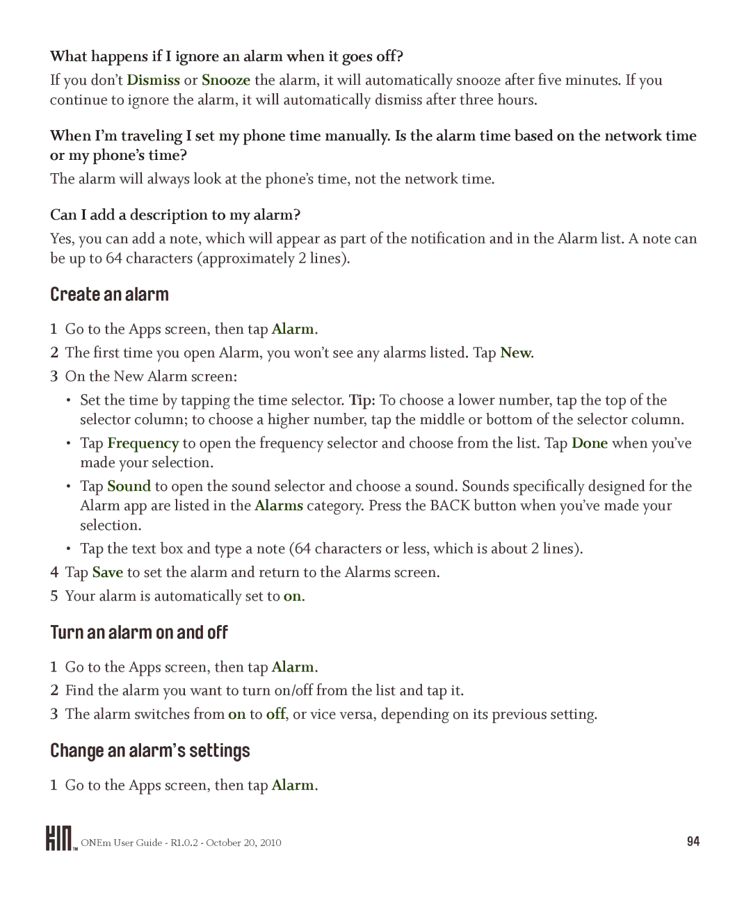 Microsoft PB10ZUM, OMPB10VWM manual Create an alarm, Turn an alarm on and off, Change an alarm’s settings 