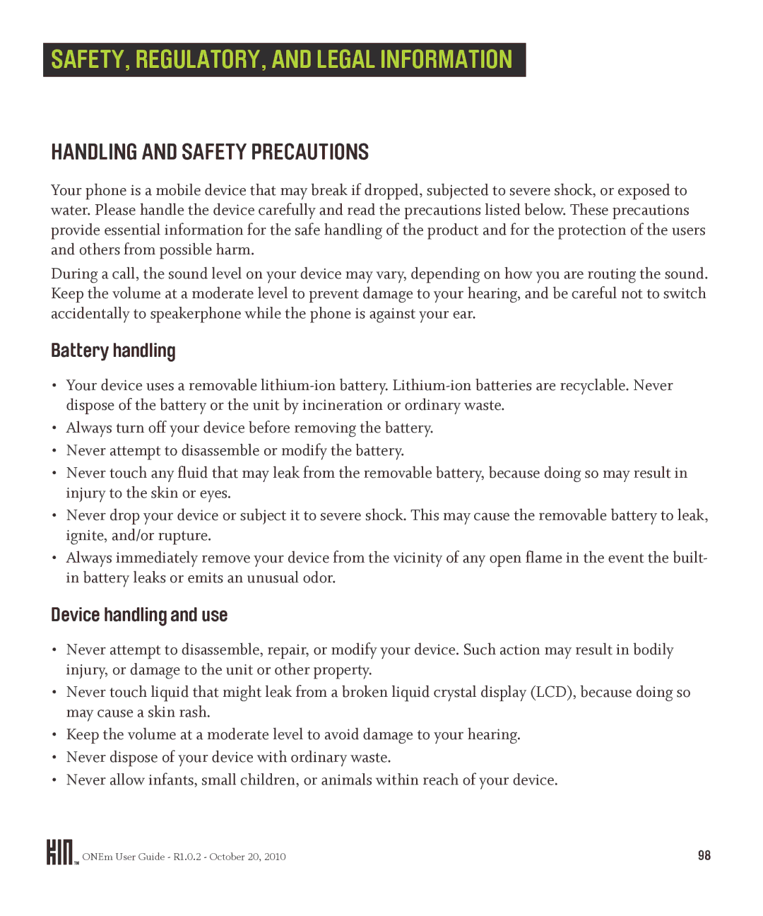 Microsoft PB10ZUM, OMPB10VWM SAFETY, REGULATORY, and Legal Information, Handling and Safety Precautions, Battery handling 