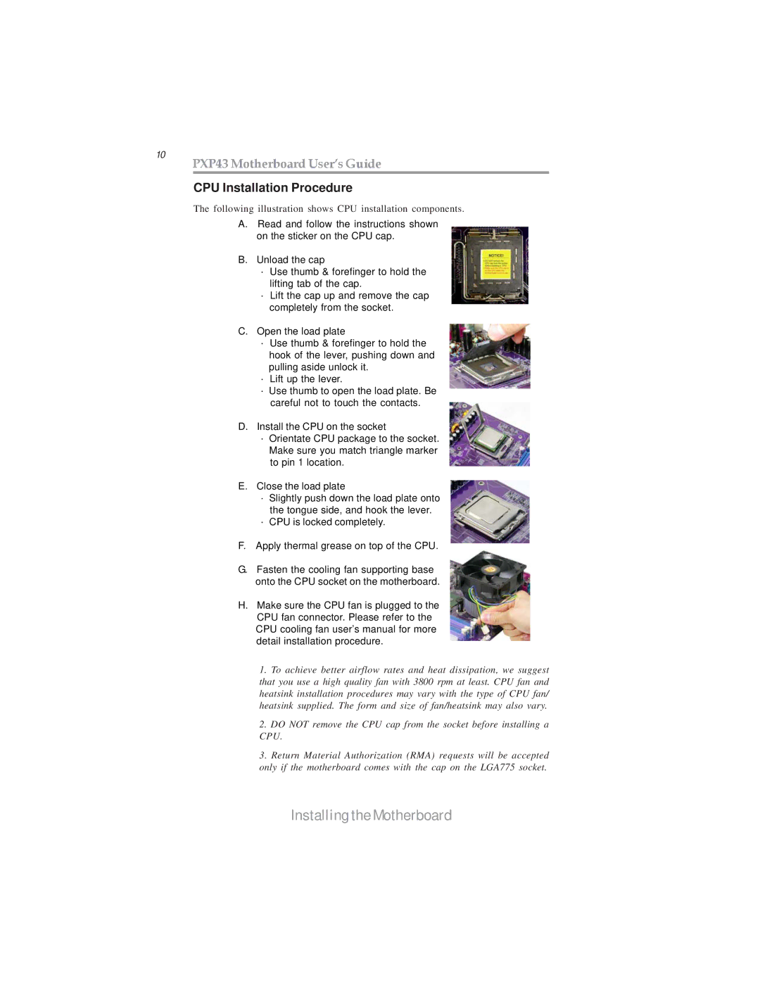 Microsoft manual 10 PXP43 Motherboard User’s Guide, CPU Installation Procedure 