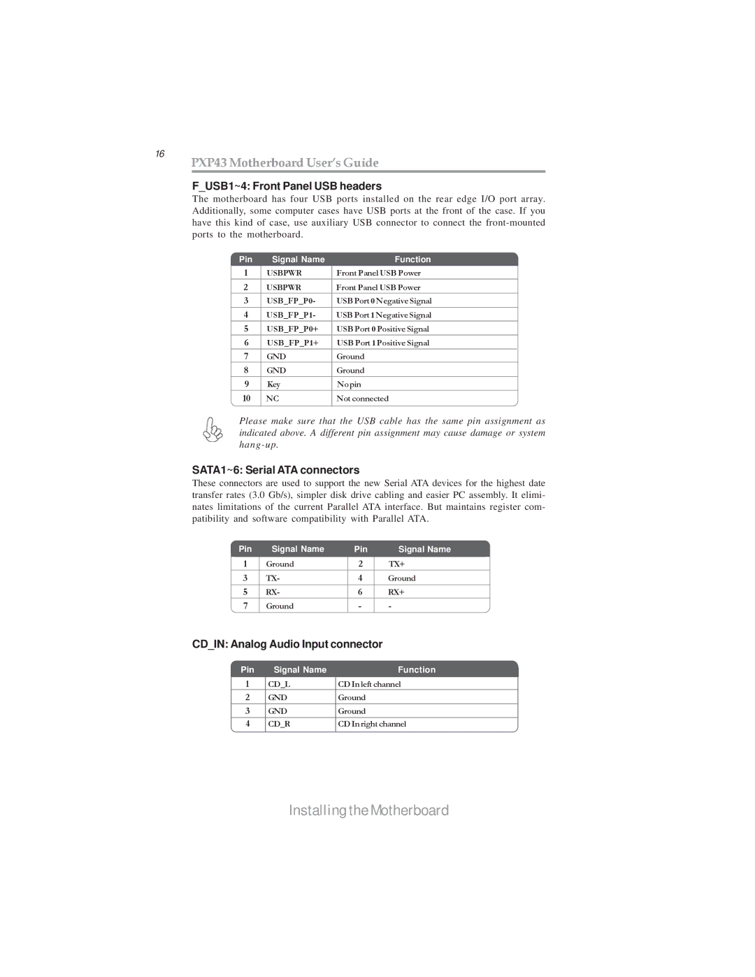 Microsoft manual 16 PXP43 Motherboard User’s Guide, FUSB1~4 Front Panel USB headers, SATA1~6 Serial ATA connectors 