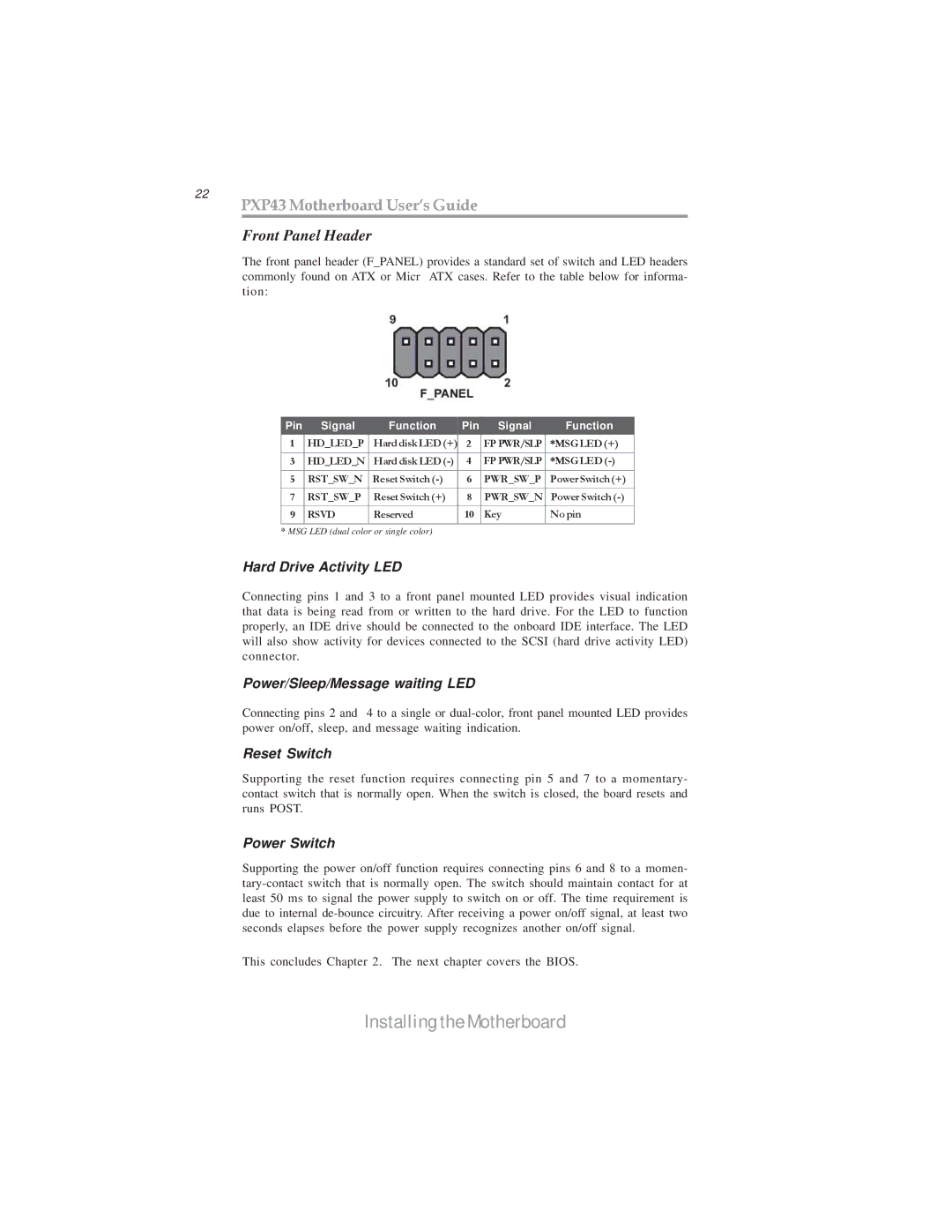 Microsoft manual 22 PXP43 Motherboard User’s Guide, Front Panel Header 