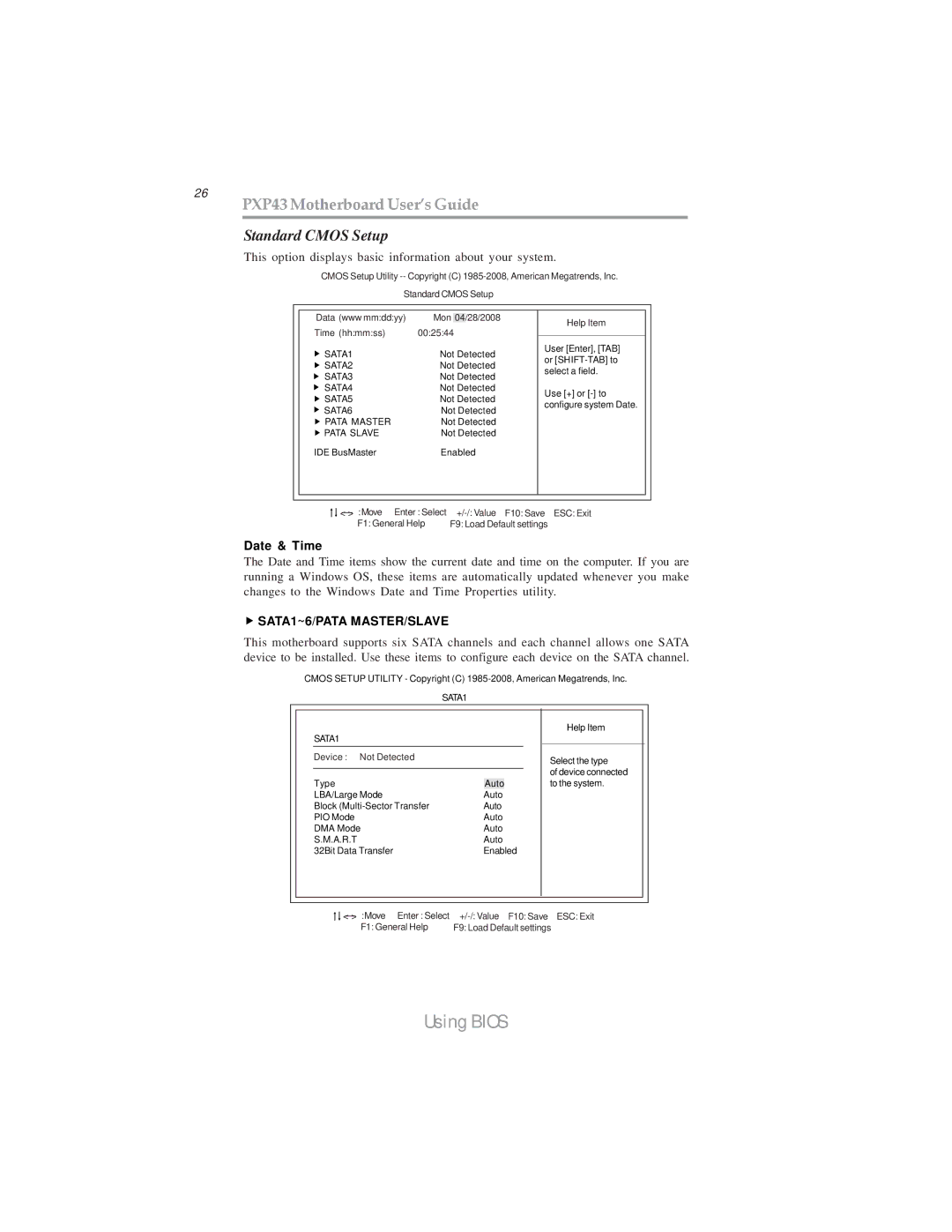 Microsoft manual 26 PXP43 Motherboard User’s Guide, Standard Cmos Setup, Date & Time, SATA1~6/PATA MASTER/SLAVE 