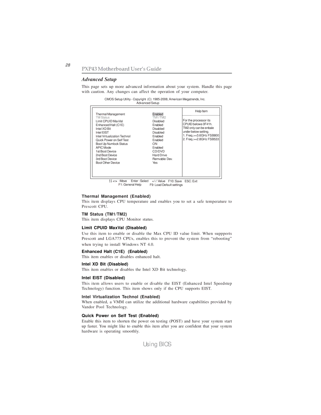 Microsoft manual 28 PXP43 Motherboard User’s Guide, Advanced Setup, Thermal Management Enabled, TM Status TM1/TM2 