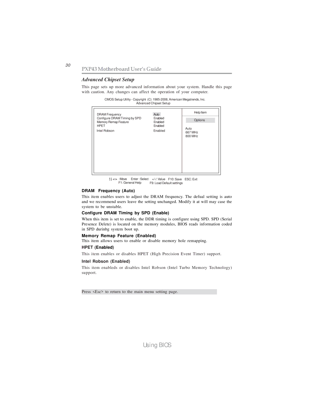 Microsoft manual 30 PXP43 Motherboard User’s Guide, Advanced Chipset Setup, Hpet Enabled, Intel Robson Enabled 