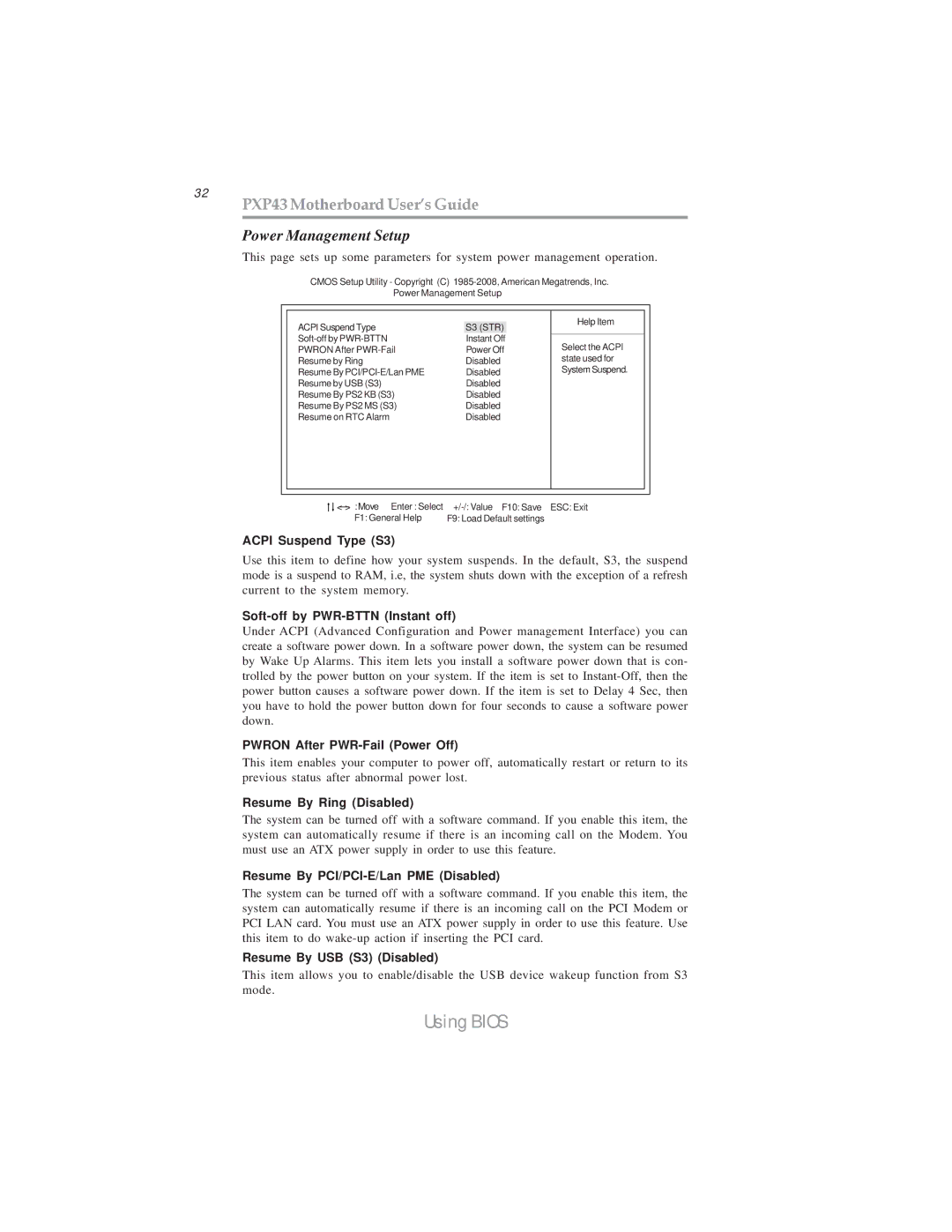 Microsoft manual 32 PXP43 Motherboard User’s Guide, Power Management Setup 