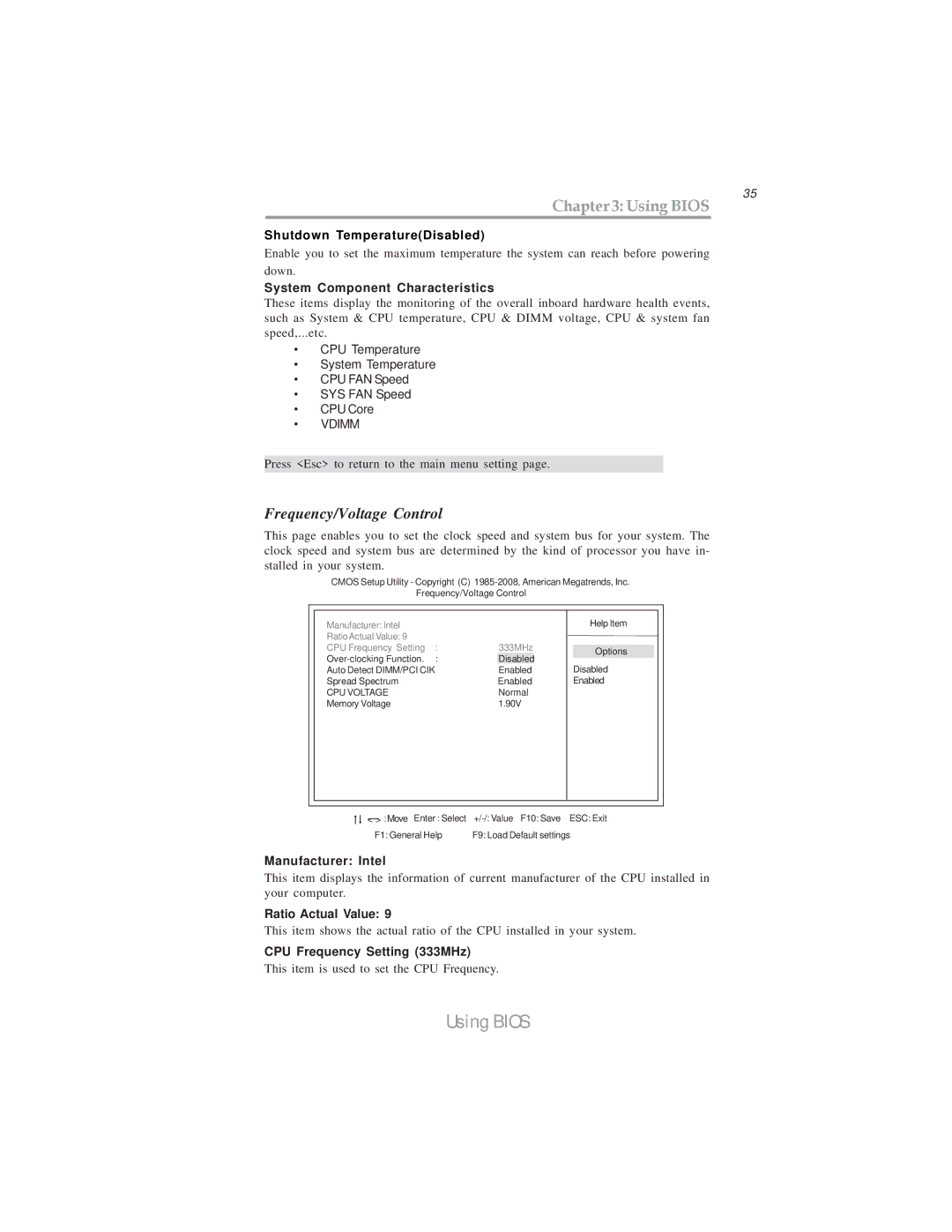 Microsoft PXP43 manual Frequency/Voltage Control, System Component Characteristics, Manufacturer Intel, Ratio Actual Value 