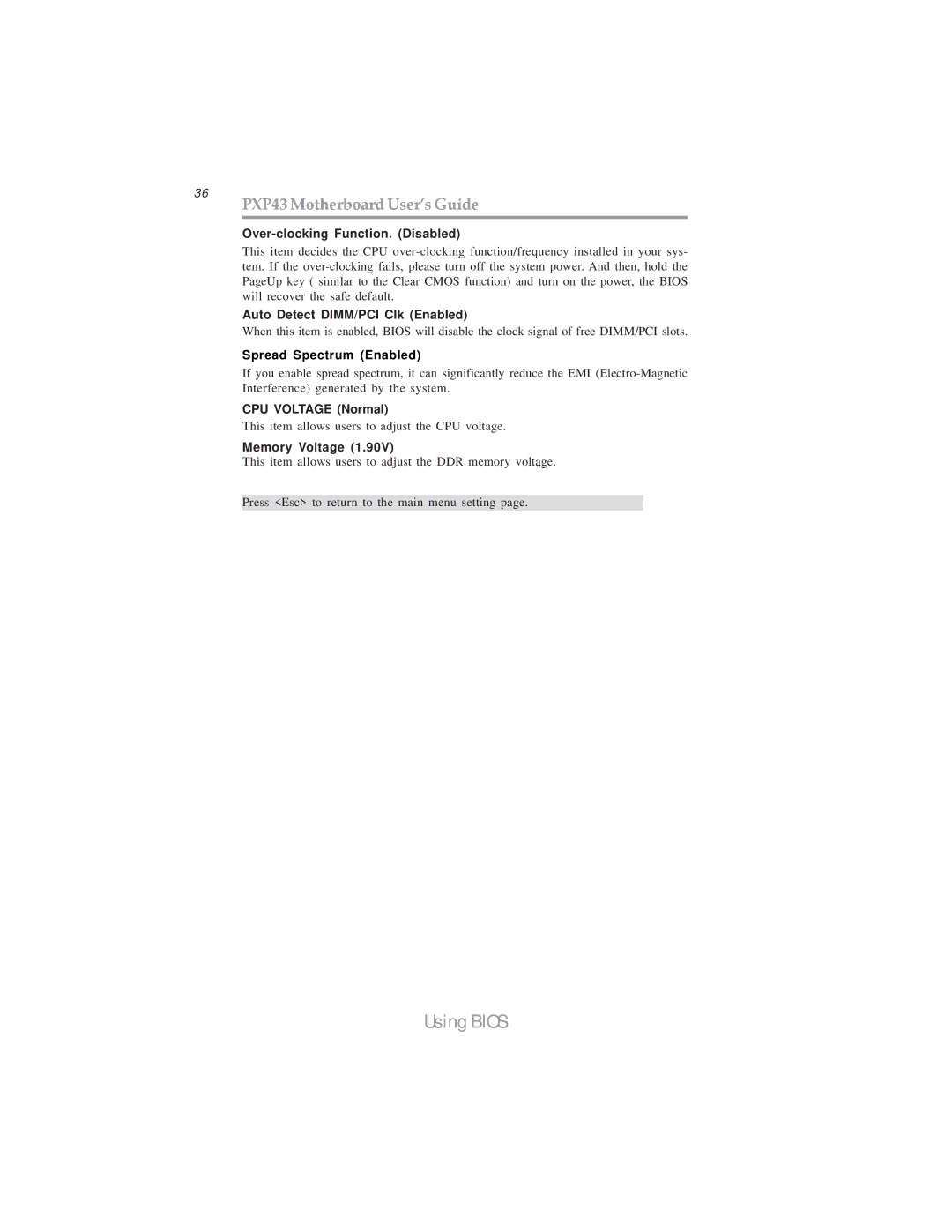 Microsoft manual 36 PXP43 Motherboard User’s Guide, Over-clocking Function. Disabled, Auto Detect DIMM/PCI Clk Enabled 