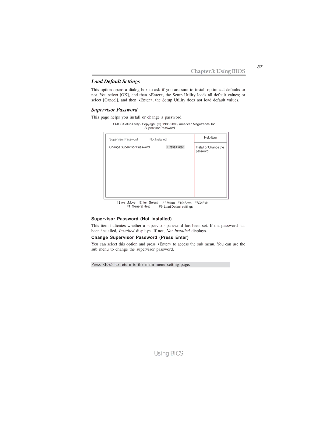 Microsoft PXP43 manual Supervisor Password Not Installed, Change Supervisor Password Press Enter 