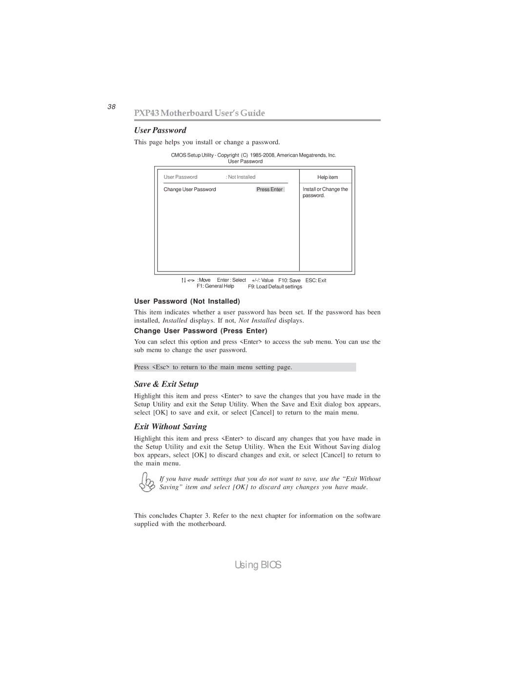 Microsoft manual 38 PXP43 Motherboard User’s Guide, User Password, Save & Exit Setup, Exit Without Saving 