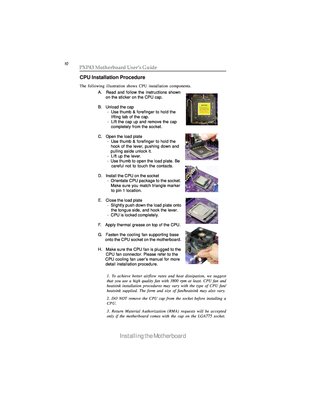 Microsoft manual 10 PXP43 Motherboard User’s Guide, CPU Installation Procedure, Installing the Motherboard 
