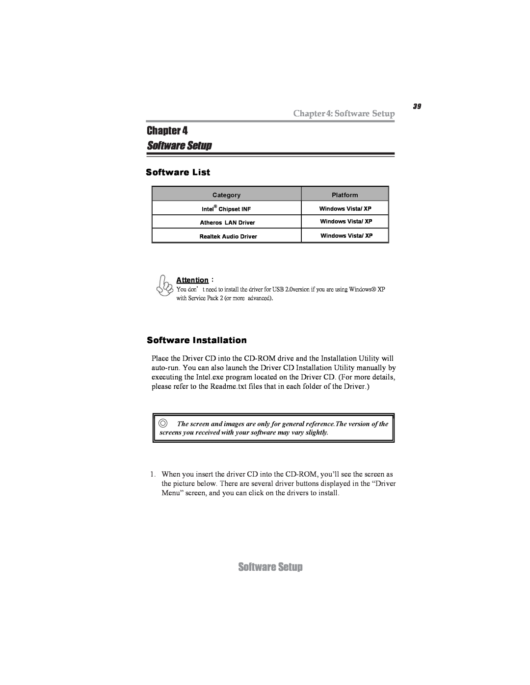 Microsoft PXP43 manual Software Setup, Chapter, Software List, Software Installation 