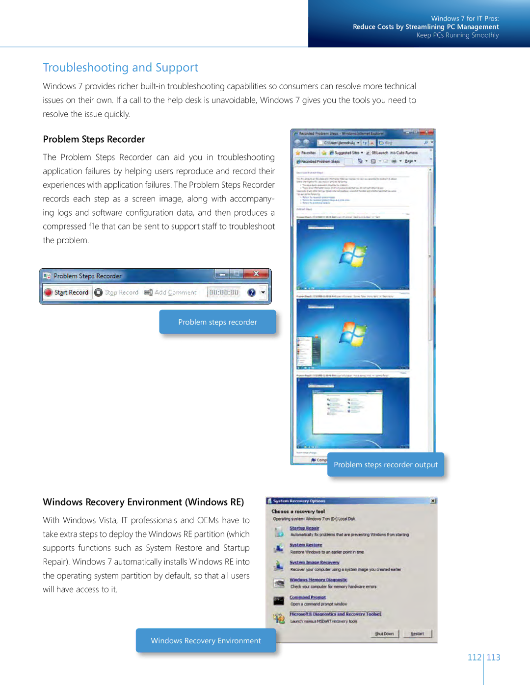 Microsoft QLF-00195 manual Troubleshooting and Support, Problem Steps Recorder, Windows Recovery Environment Windows RE 