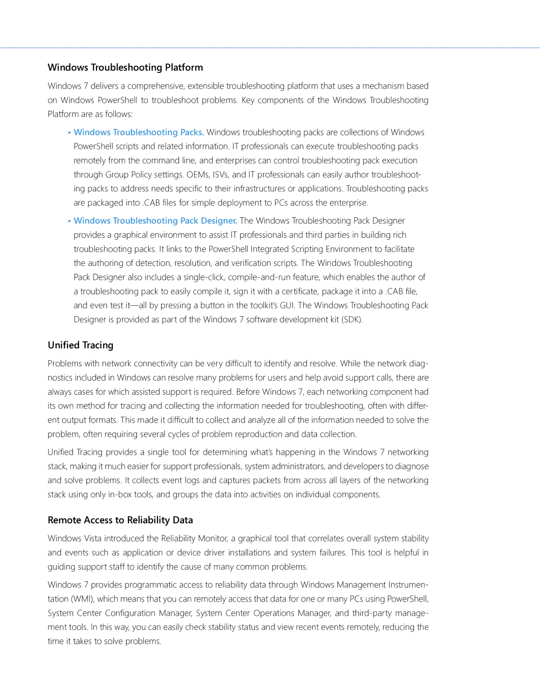 Microsoft QLF-00195 manual Windows Troubleshooting Platform, Unified Tracing, Remote Access to Reliability Data 