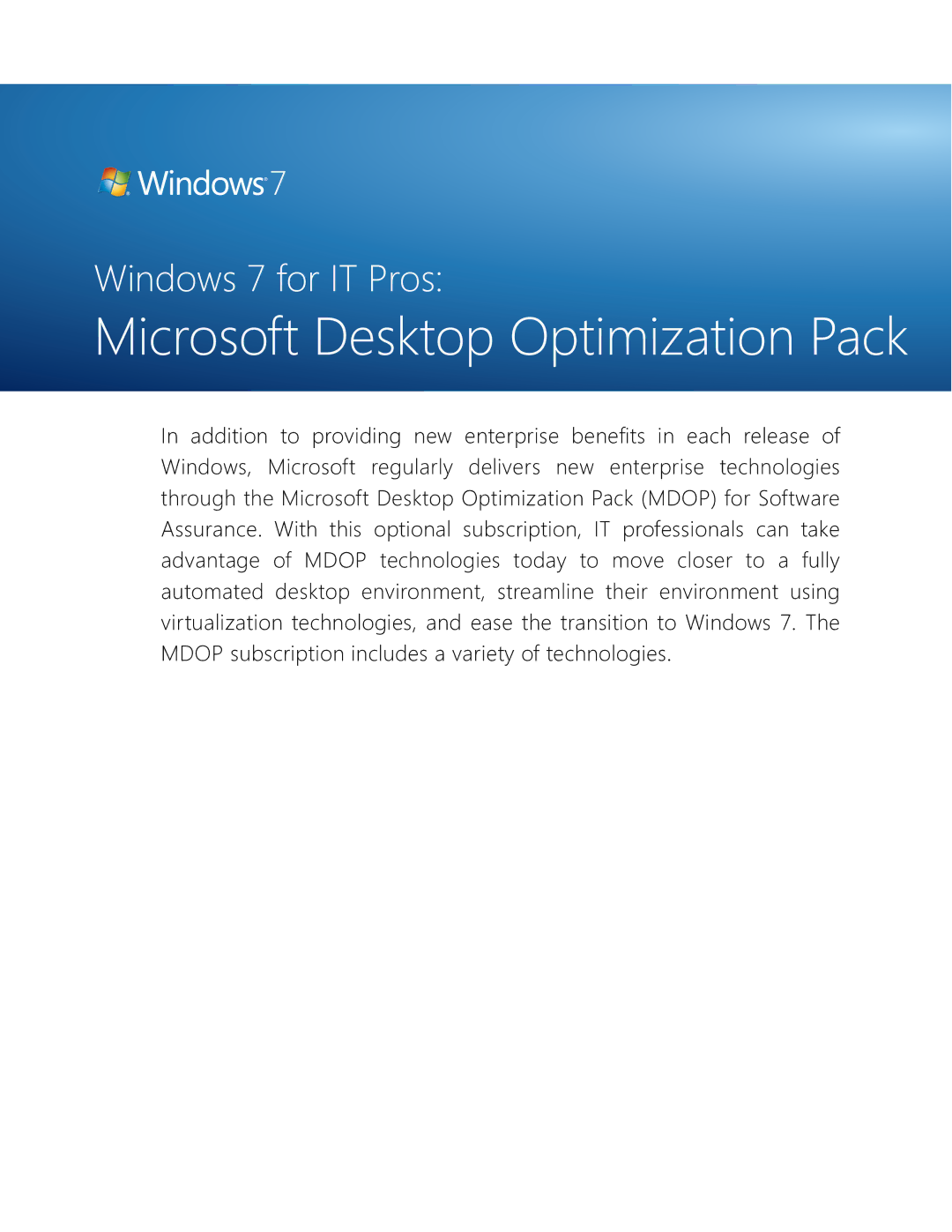 Microsoft QLF-00195 manual Microsoft Desktop Optimization Pack 