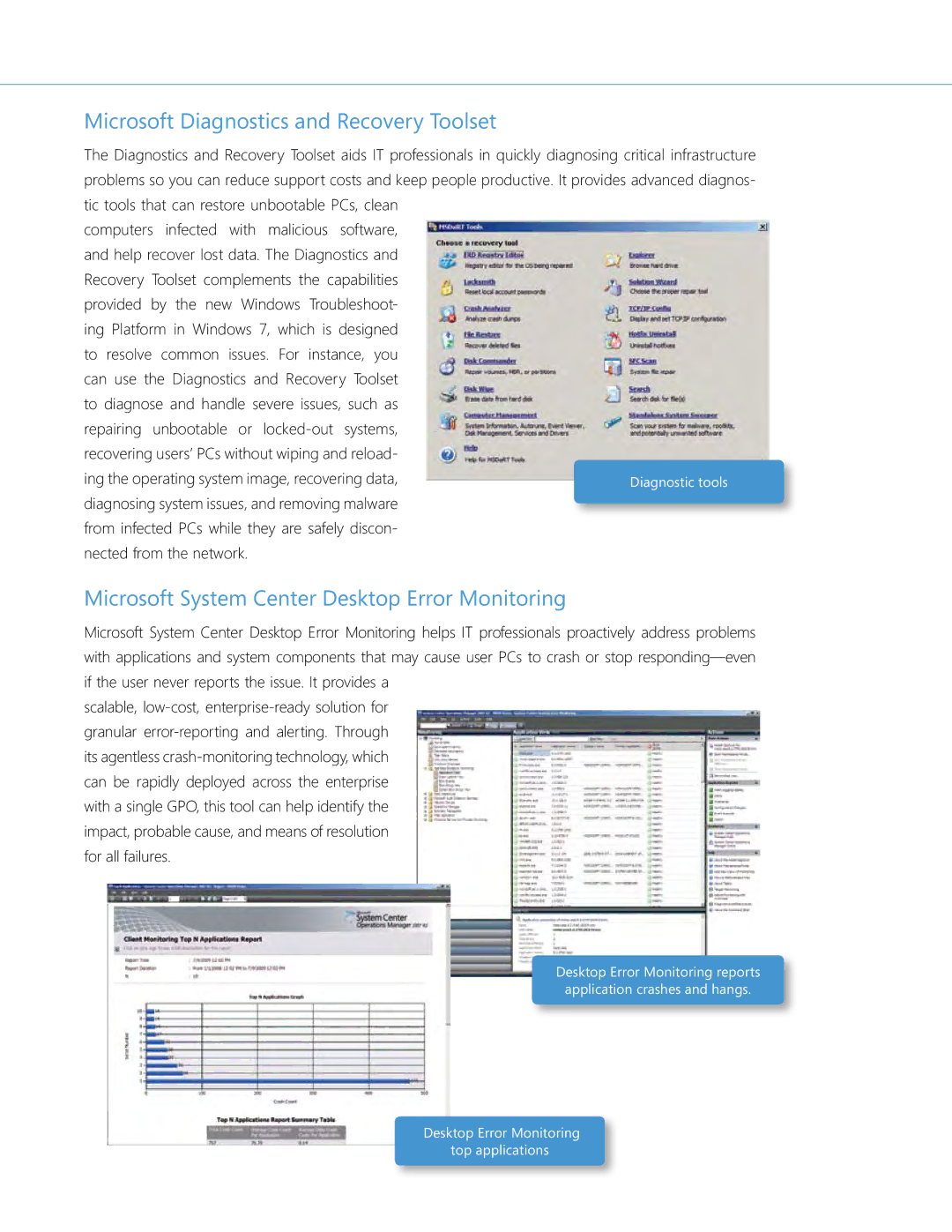 Microsoft QLF-00195 manual Microsoft Diagnostics and Recovery Toolset, Microsoft System Center Desktop Error Monitoring 