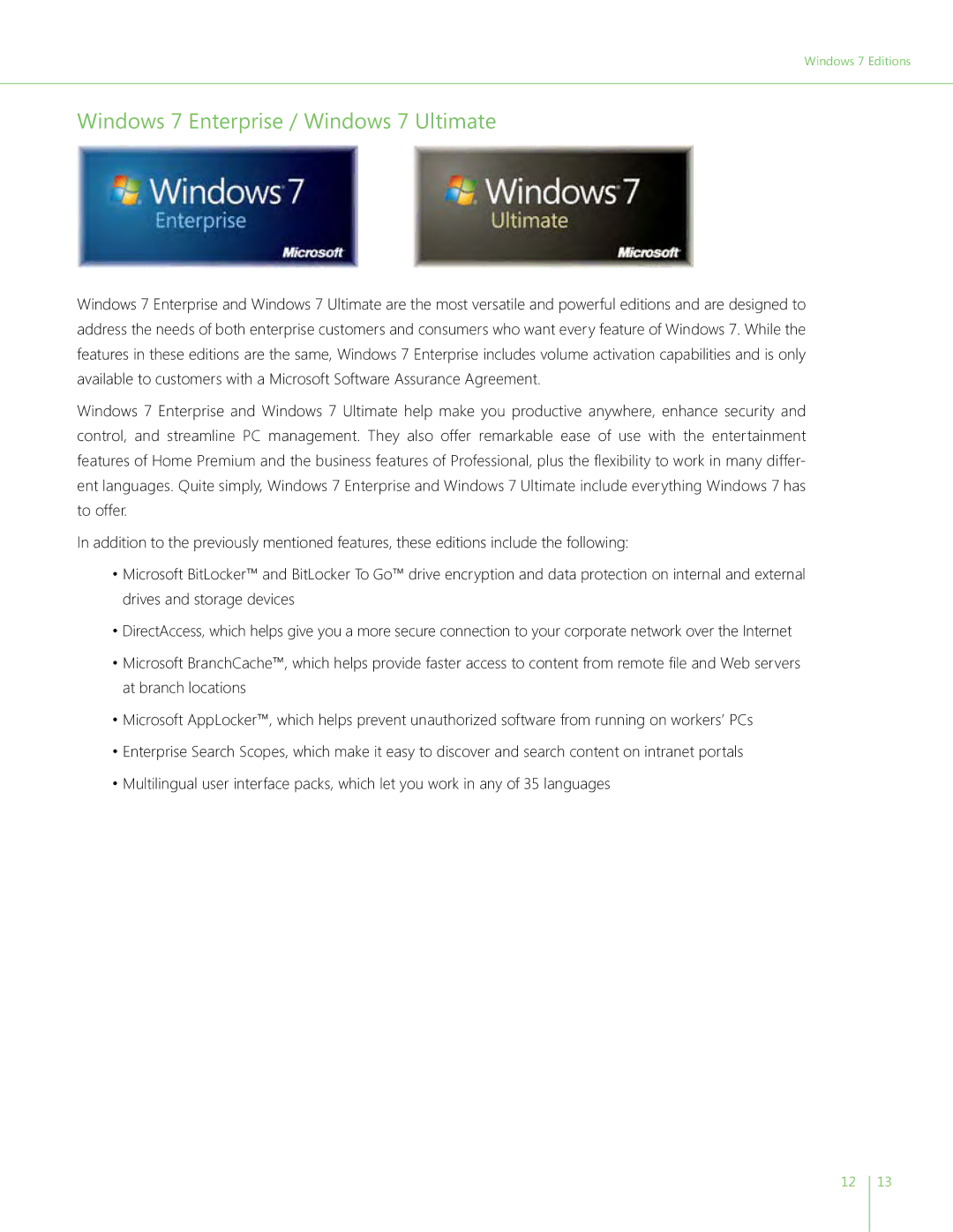 Microsoft QLF-00195 manual Windows 7 Enterprise / Windows 7 Ultimate 