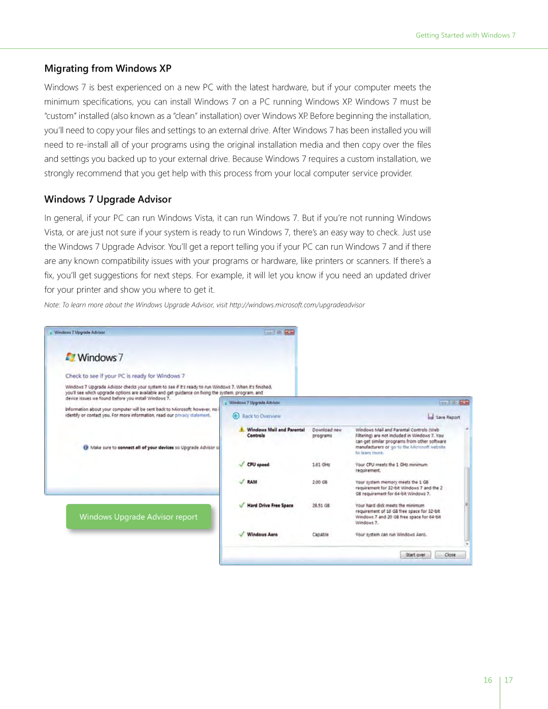 Microsoft QLF-00195 manual Migrating from Windows XP, Windows 7 Upgrade Advisor 