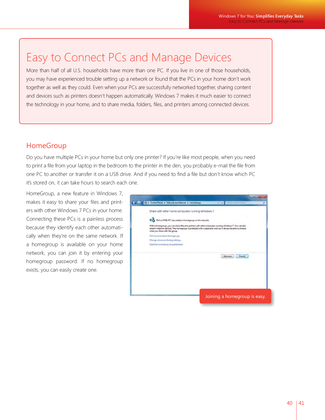 Microsoft QLF-00195 manual Easy to Connect PCs and Manage Devices, HomeGroup 