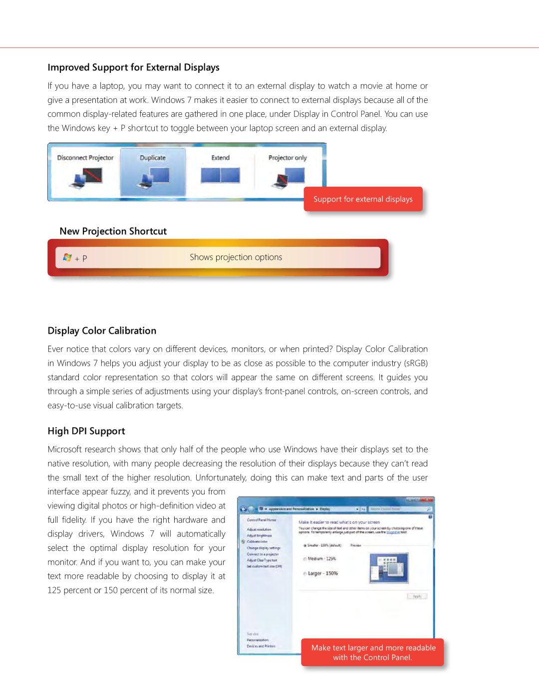 Microsoft QLF-00195 manual Improved Support for External Displays, New Projection Shortcut, Display Color Calibration 