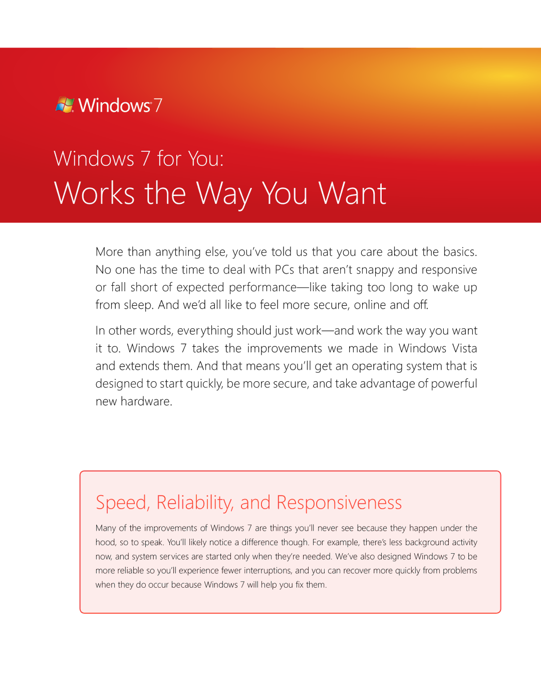 Microsoft QLF-00195 manual Works the Way You Want, Speed, Reliability, and Responsiveness 