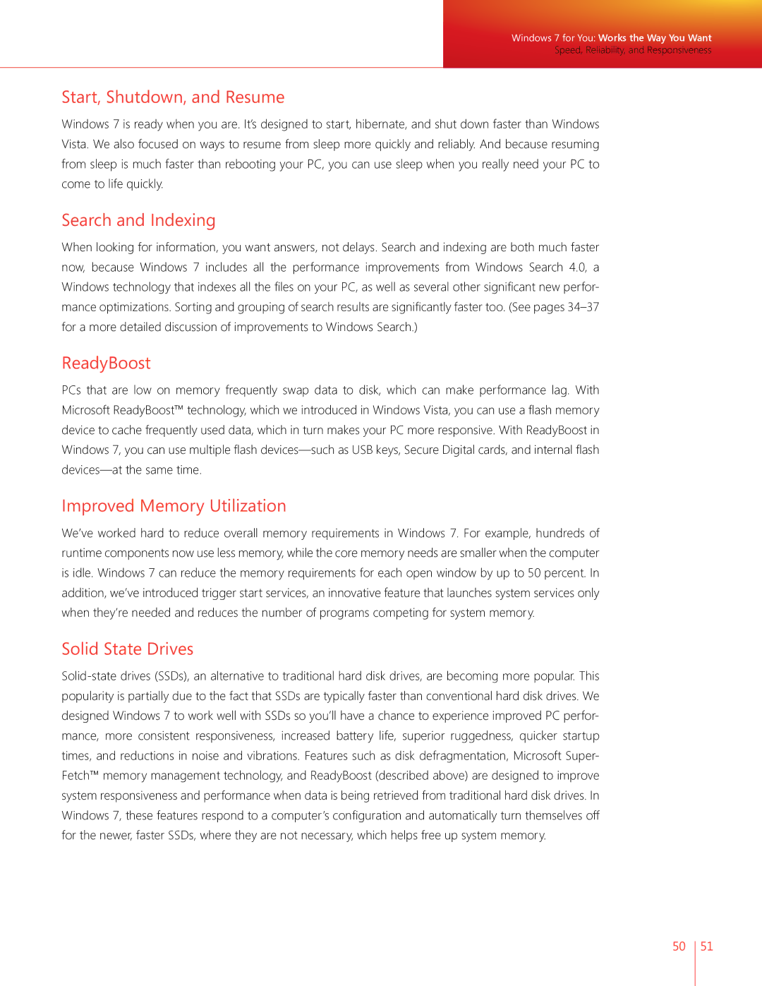 Microsoft QLF-00195 manual Start, Shutdown, and Resume, Search and Indexing, ReadyBoost, Improved Memory Utilization 