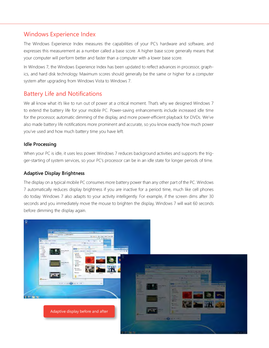 Microsoft QLF-00195 Windows Experience Index, Battery Life and Notifications, Idle Processing, Adaptive Display Brightness 