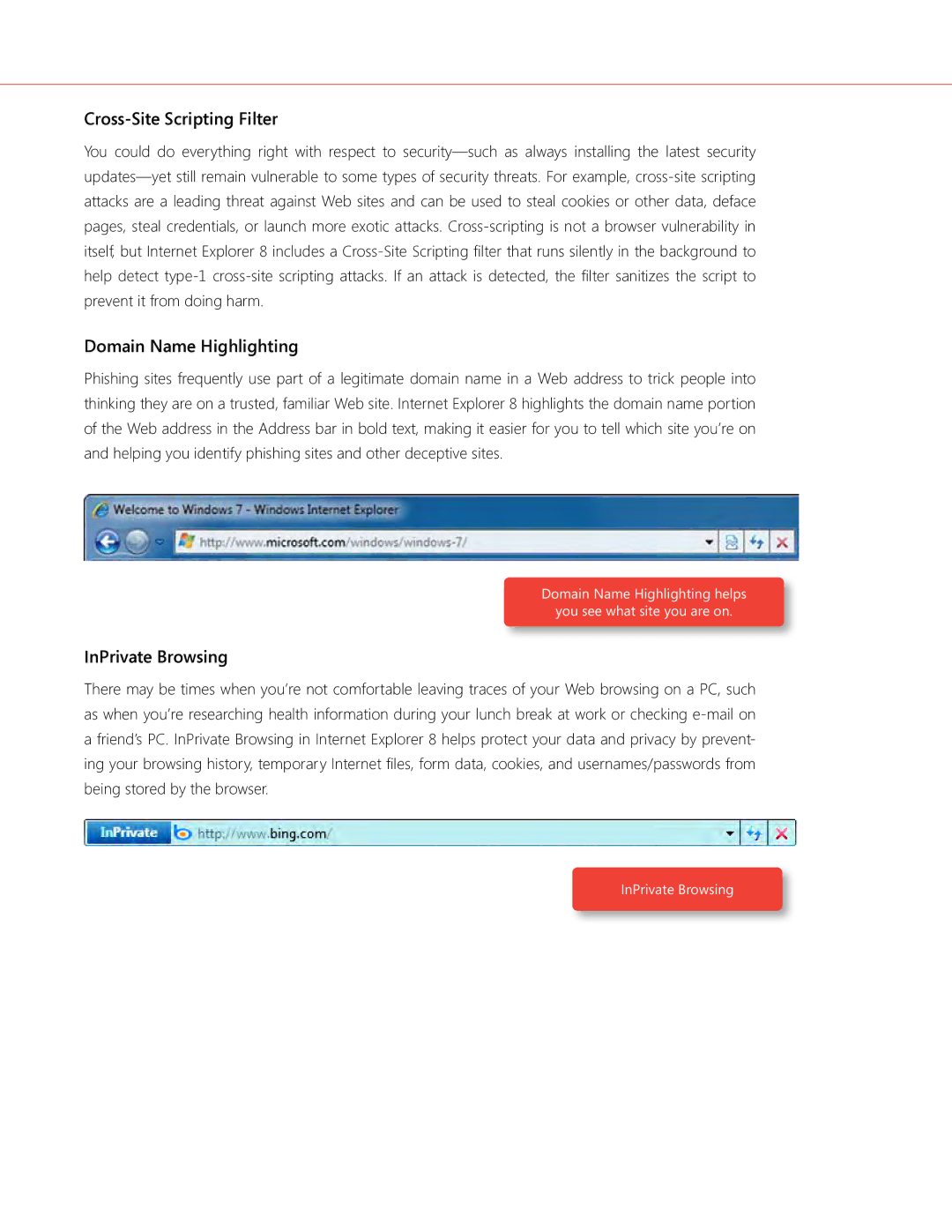 Microsoft QLF-00195 manual Cross-Site Scripting Filter, Domain Name Highlighting, InPrivate Browsing 