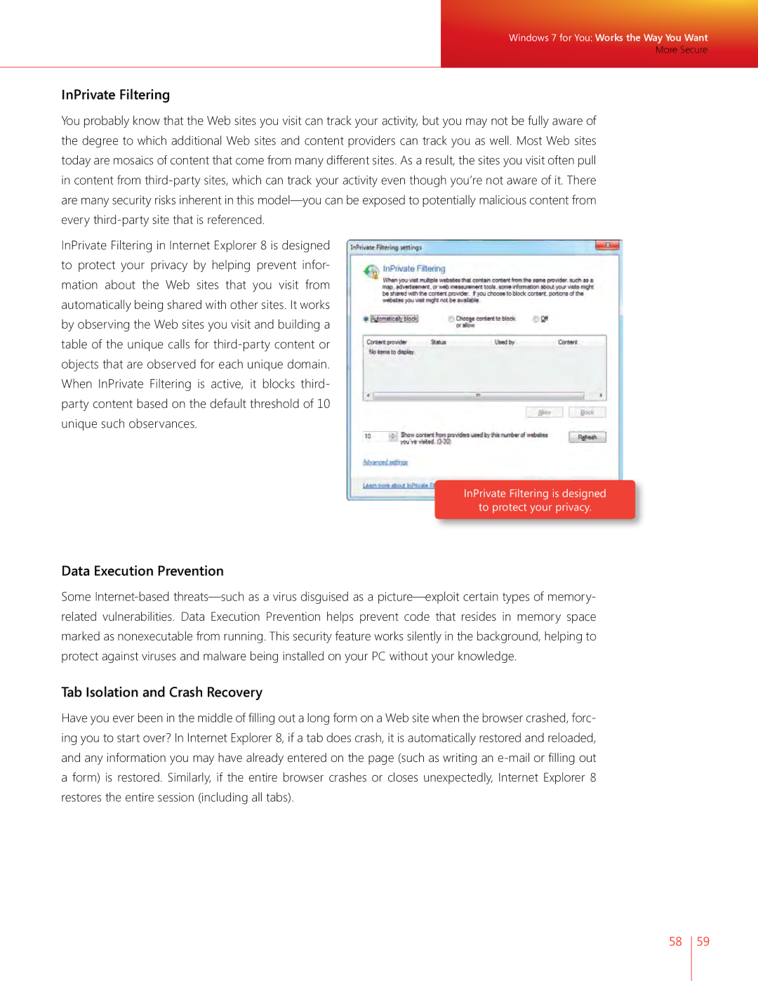 Microsoft QLF-00195 manual InPrivate Filtering, Data Execution Prevention, Tab Isolation and Crash Recovery 