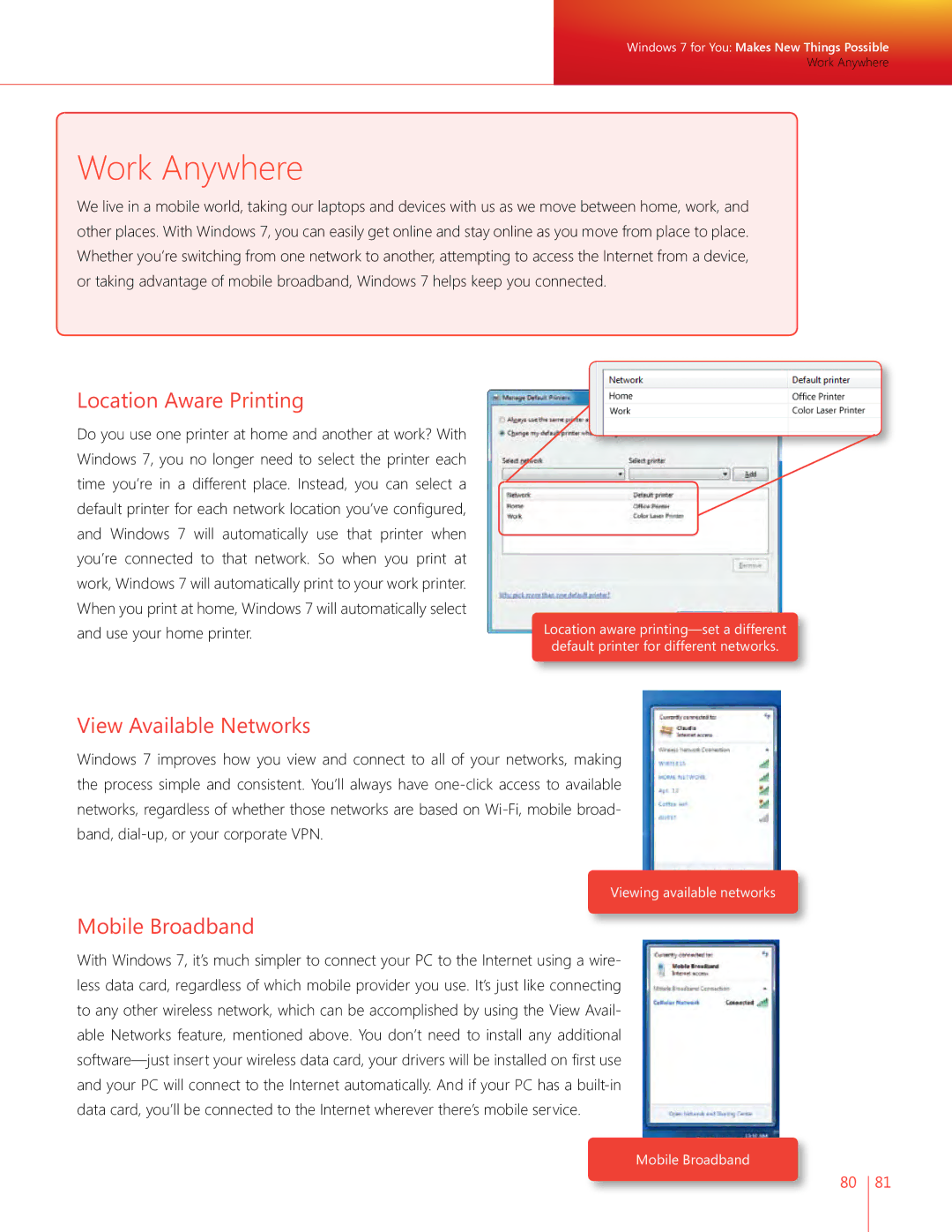 Microsoft QLF-00195 manual Work Anywhere, Location Aware Printing, View Available Networks, Mobile Broadband 