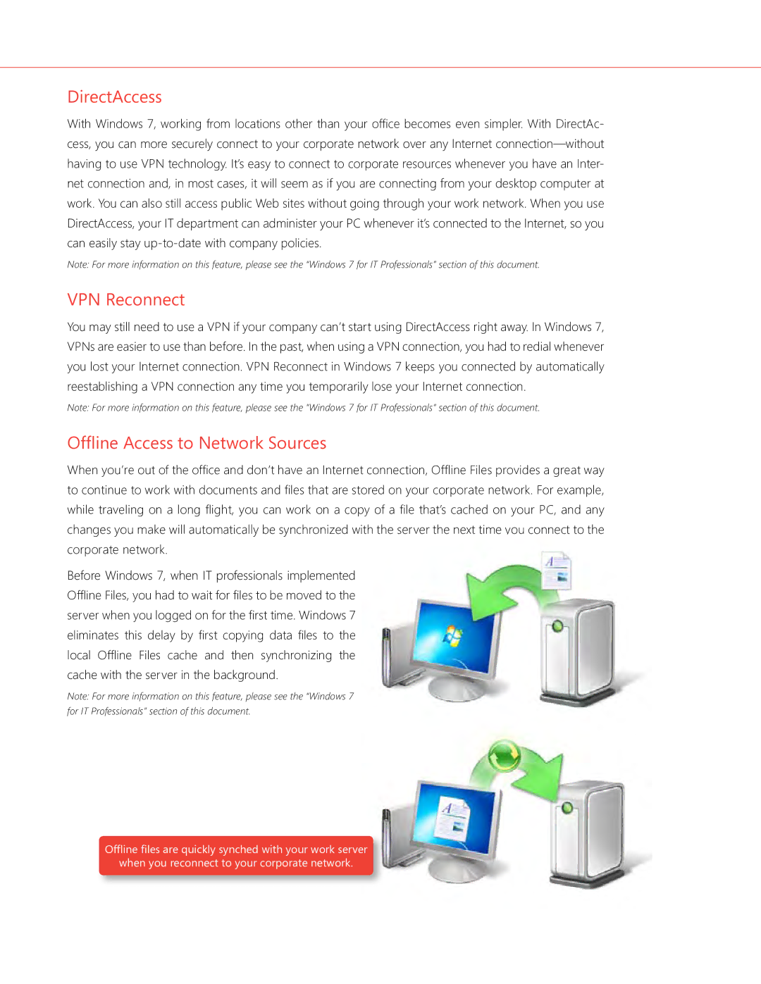 Microsoft QLF-00195 manual DirectAccess, VPN Reconnect, Offline Access to Network Sources 