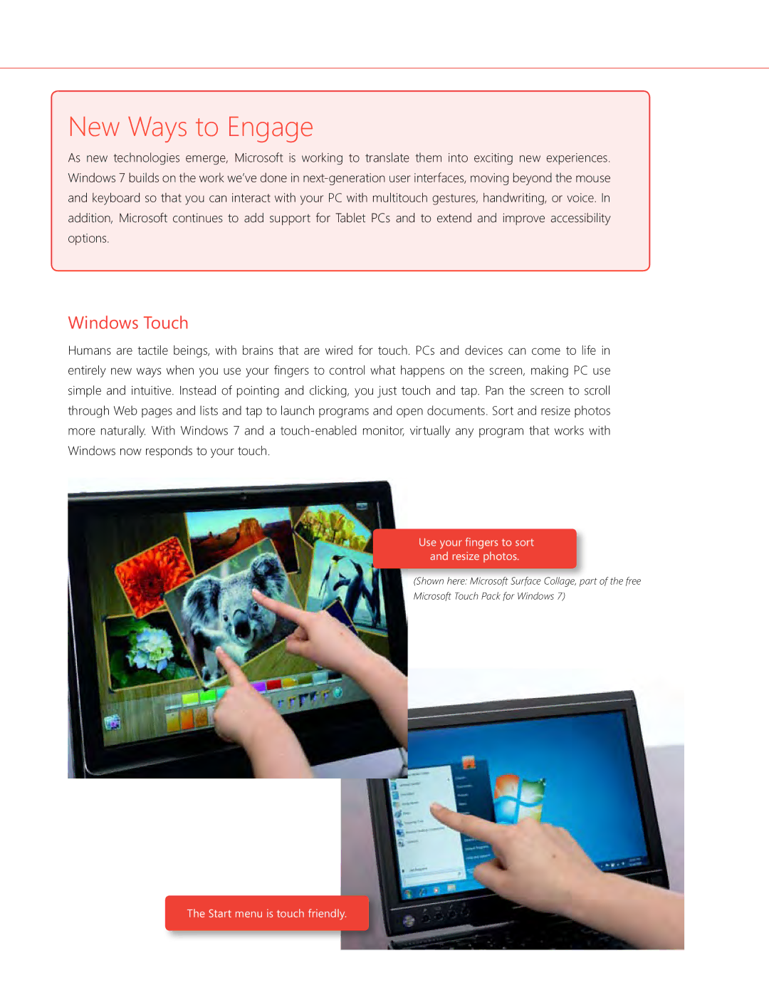 Microsoft QLF-00195 manual New Ways to Engage, Windows Touch 