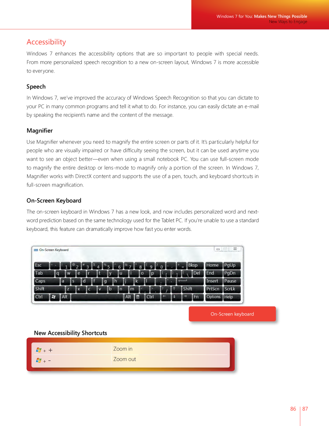 Microsoft QLF-00195 manual Speech, Magnifier, On-Screen Keyboard, New Accessibility Shortcuts 