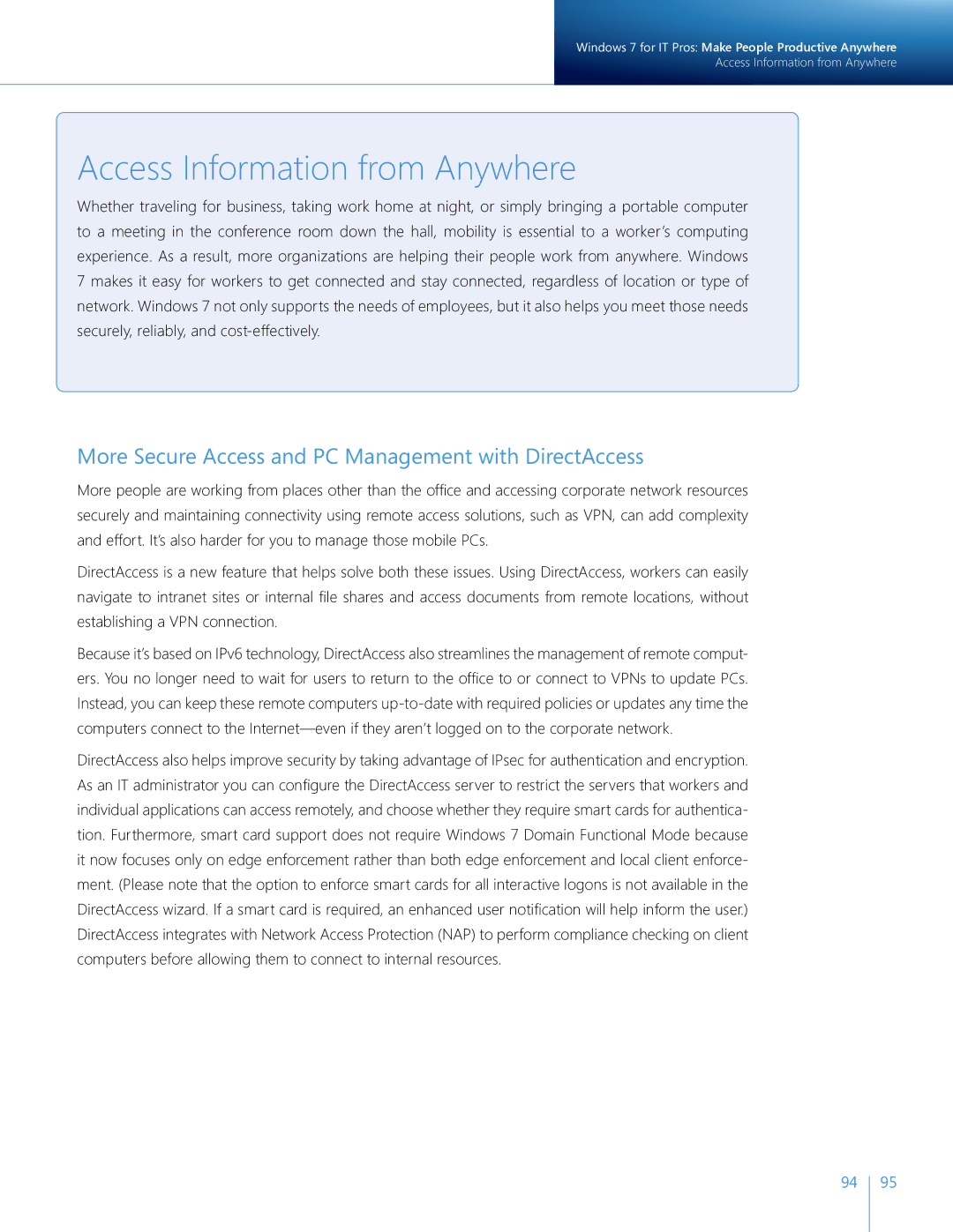 Microsoft QLF-00195 manual Access Information from Anywhere, More Secure Access and PC Management with DirectAccess 