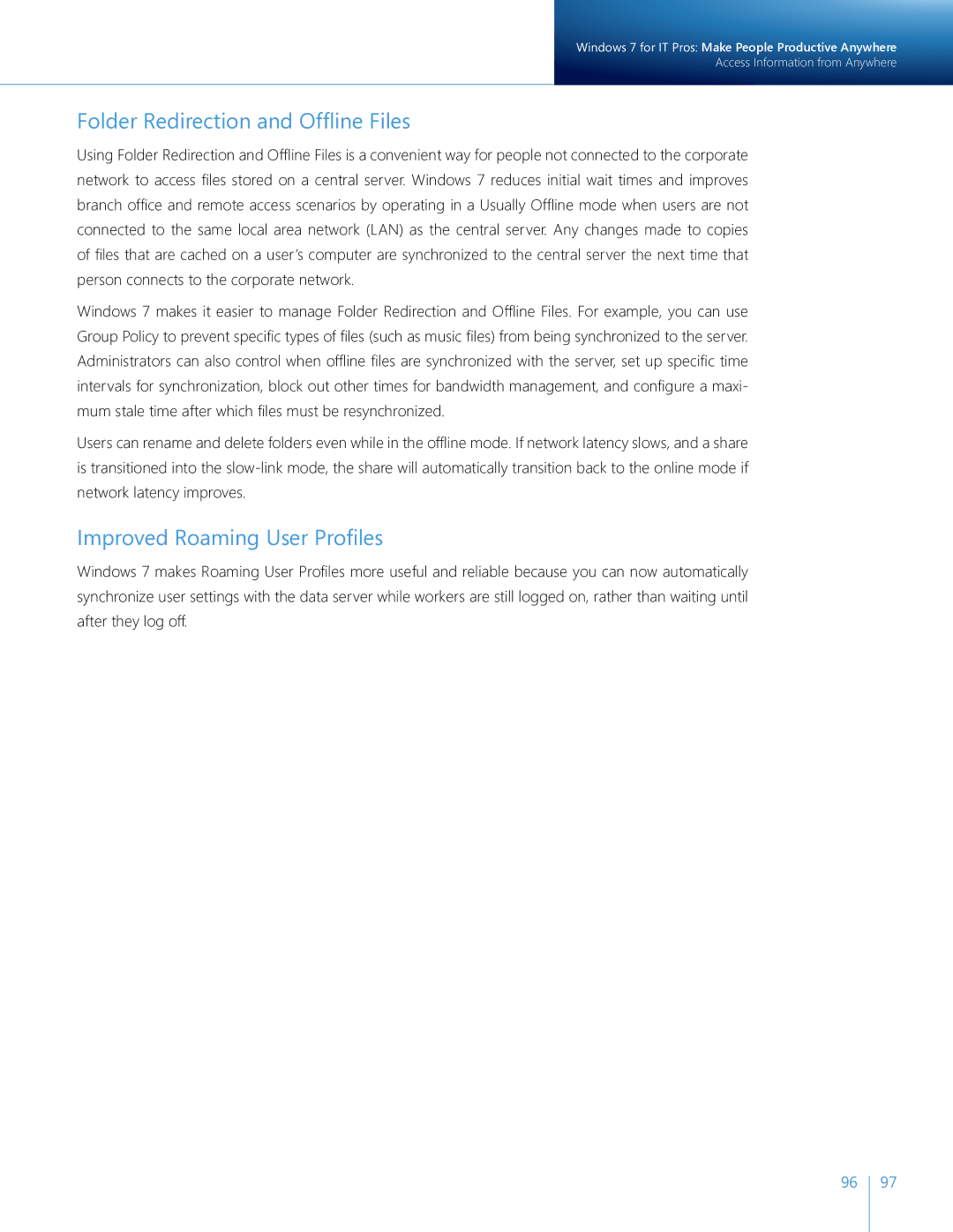 Microsoft QLF-00195 manual Folder Redirection and Offline Files, Improved Roaming User Profiles 