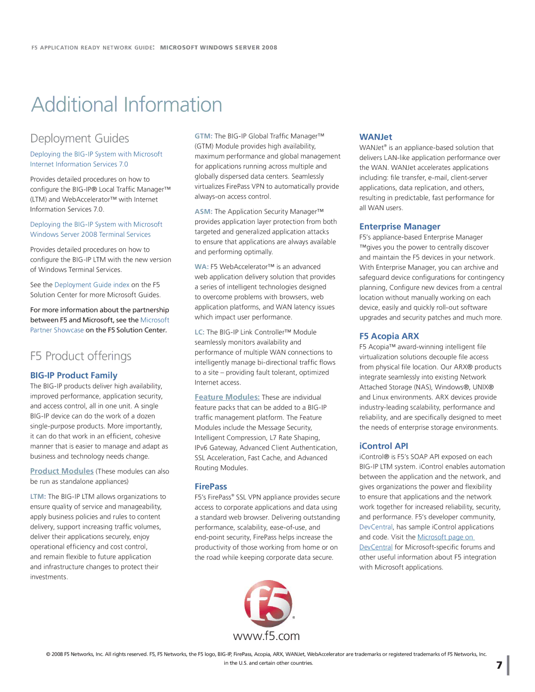 Microsoft R1802907, P7204473, R1802926, C9C00500, P7305128 Additional Information, Deployment Guides, F5 Product offerings 