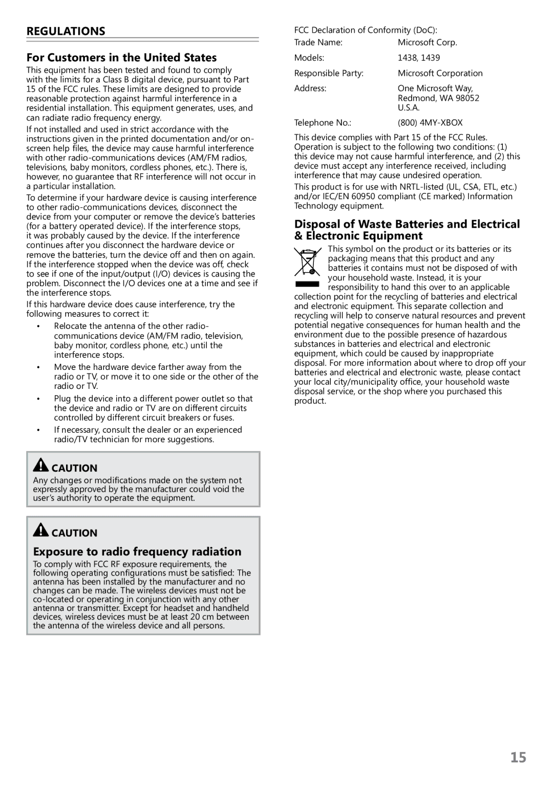 Microsoft S7G-00001, S9G-00005 ReGuLationS For Customers in the United States, Exposure to radio frequency radiation 