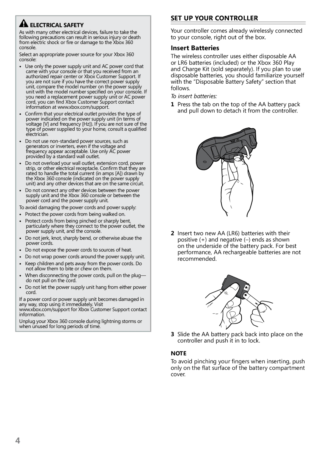 Microsoft R9G-00048, S9G-00005, S7G-00001 Set uP Your ControLLer, Insert Batteries, Electrical Safety, To insert batteries 