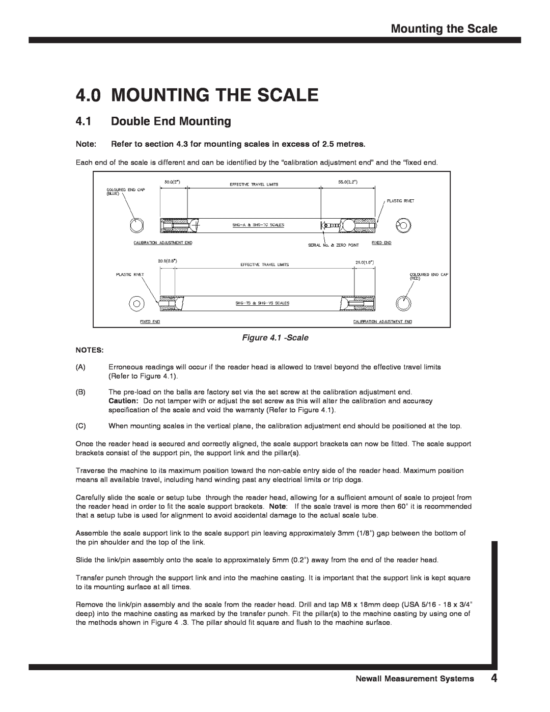 Microsoft SHG-TS 4.0MOUNTING THE SCALE, Mounting the Scale, 4.1Double End Mounting, 1 -Scale, Newall Measurement Systems 
