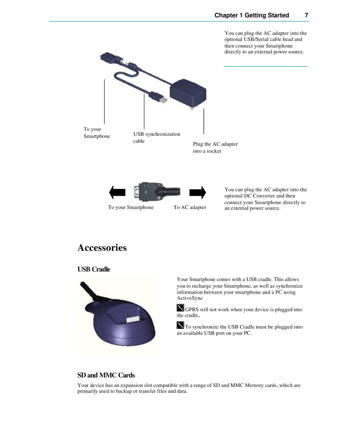 Microsoft Smartphone 2002 manual Accessories, USB Cradle, SD and MMC Cards 