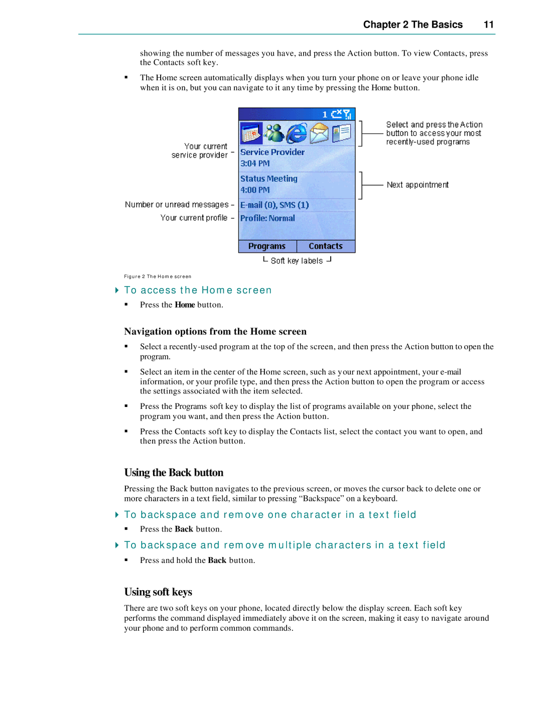 Microsoft Smartphone 2002 manual Using the Back button, Using soft keys, To access the Home screen 