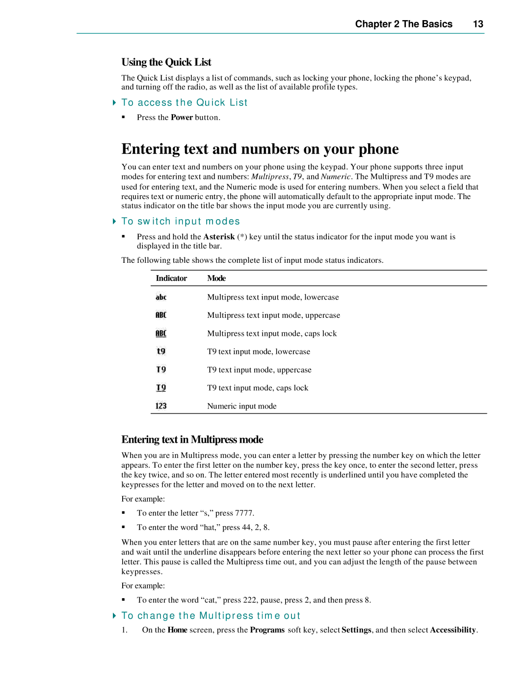 Microsoft Smartphone 2002 Entering text and numbers on your phone, Using the Quick List, Entering text in Multipress mode 