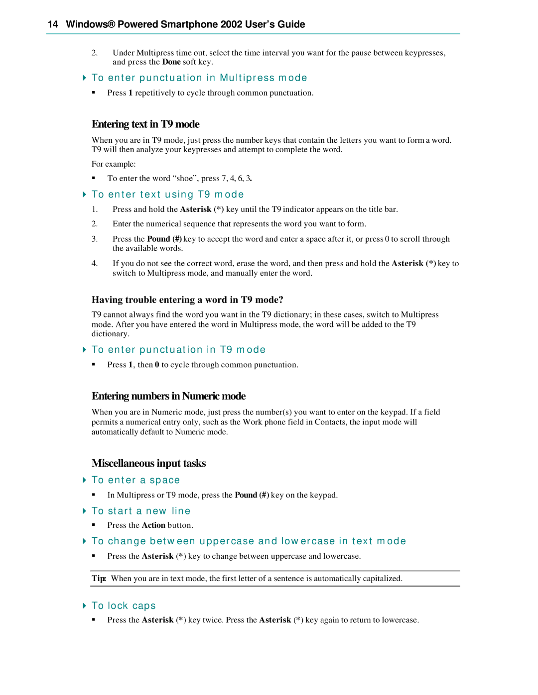 Microsoft Smartphone 2002 manual Entering text in T9 mode, Entering numbers in Numeric mode, Miscellaneous input tasks 